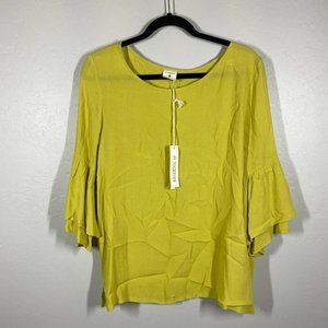 By Together Yellow Green Scoop Neck Tiered Ruffle-Sleeve Blouse Top Size Large